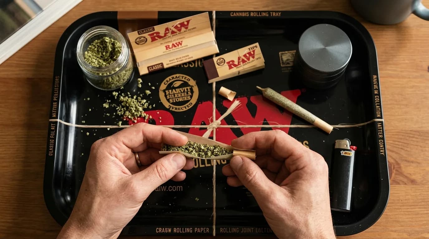 Overhead view of two hands rolling a joint with ground flower on a black RAW rolling tray, with a jar of flower, rolling papers, tips, a grinder, a pre-rolled joint and a lighter — how to roll a joint