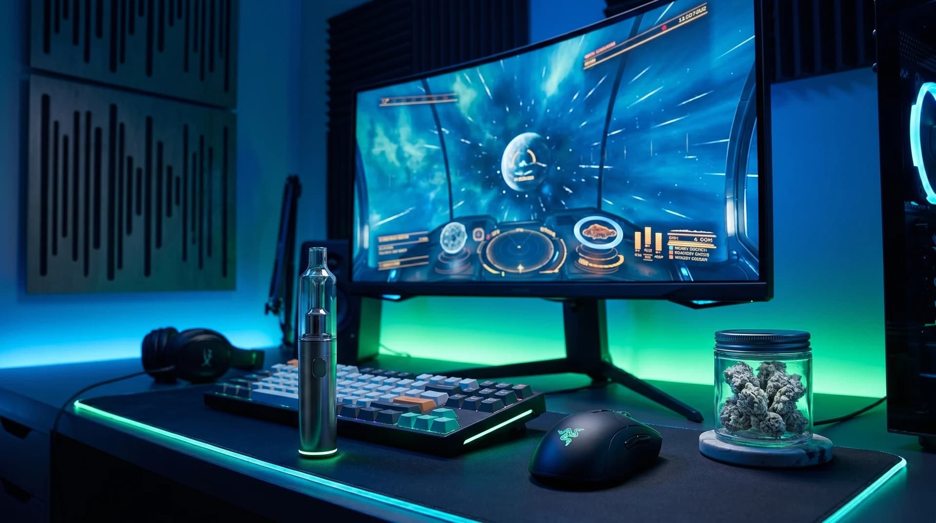 Atmospheric gaming setup with space exploration game — WHAM creativity strain picks