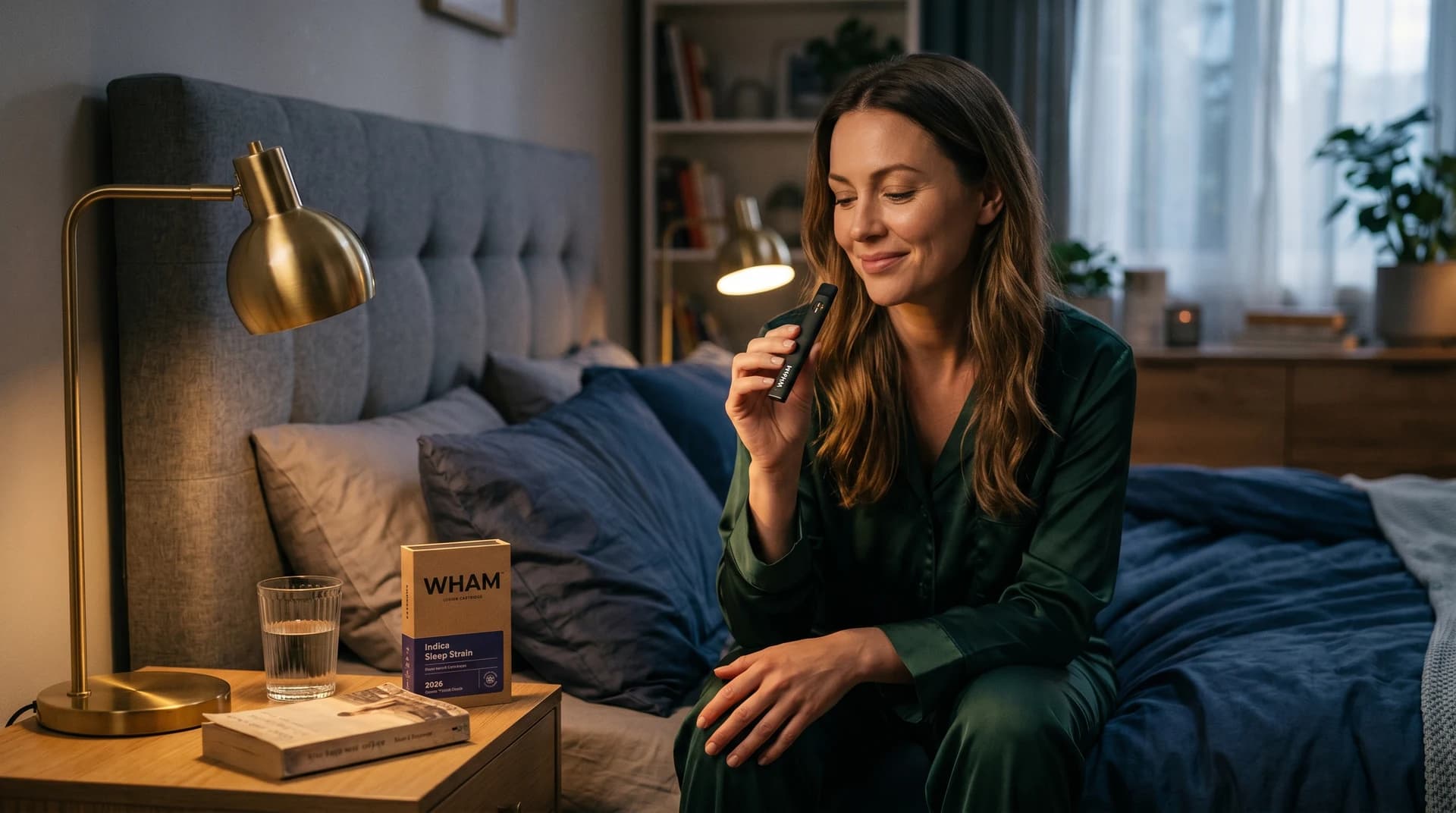 Woman in pajamas using a WHAM Indica Sleep Strain vape in a warm bedroom — best strain for sleep