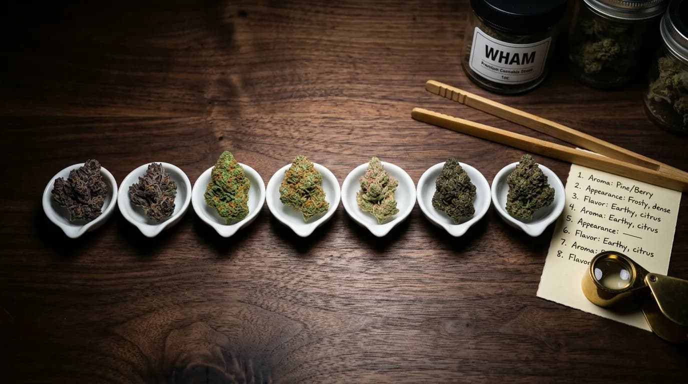 Seven exotic THCa flower buds lined up in white tasting dishes on a walnut table beside a WHAM jar, bamboo tongs, a loupe and handwritten tasting notes — best tasting exotic strains flight