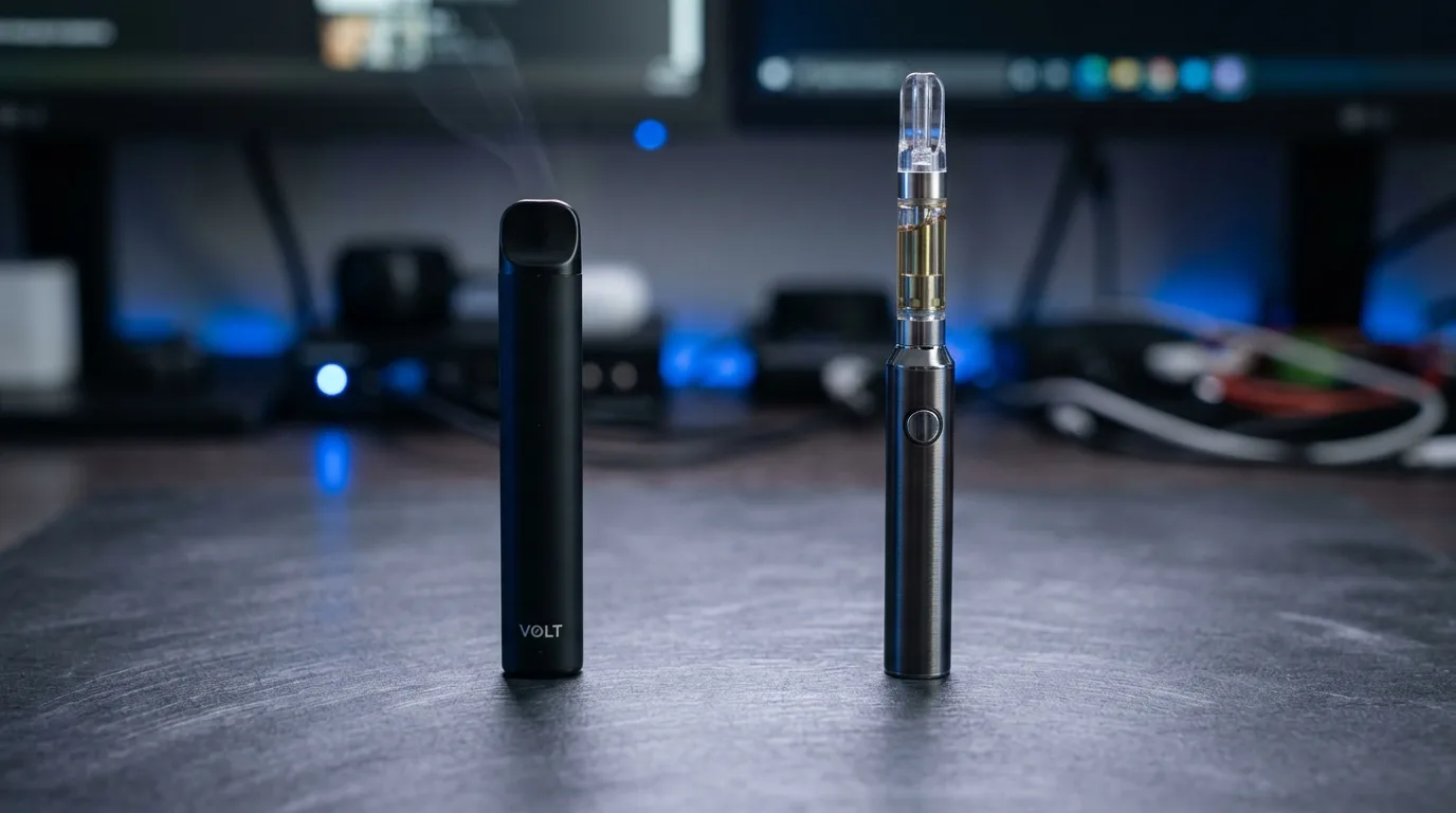 A black VOLT disposable vape pen beside a refillable THC oil cartridge battery on a dark desk — comparing disposable vapes and cartridges