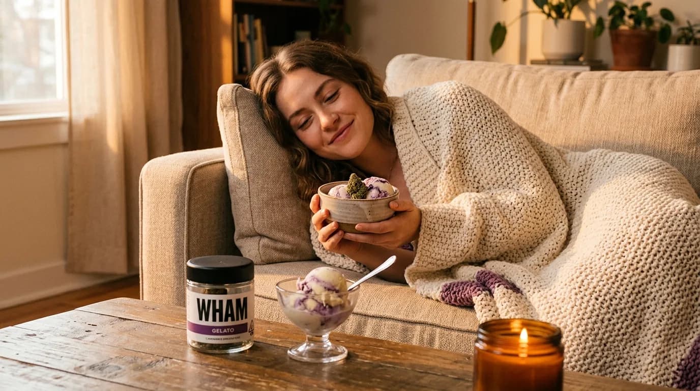 A woman relaxing under a knit blanket on a couch holding a bowl of purple gelato topped with a THCa bud, a WHAM Gelato jar and a lit candle on the table — does Gelato make you sleepy