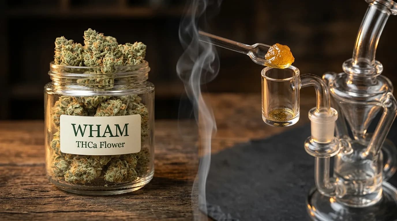 Split-scene comparison: a WHAM THCa Flower jar of buds on the left versus a glass dab rig with a dab tool of golden concentrate and rising vapor on the right — flower vs concentrate