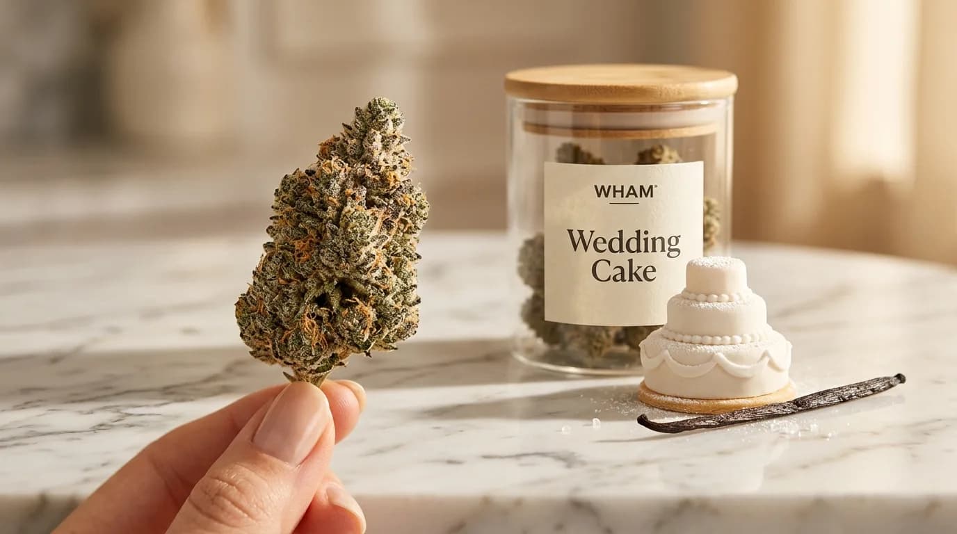 A hand holding a frosty Wedding Cake THCa flower bud beside a WHAM jar labeled Wedding Cake, a mini tiered cake, and a vanilla pod on a marble counter — Wedding Cake strain guide