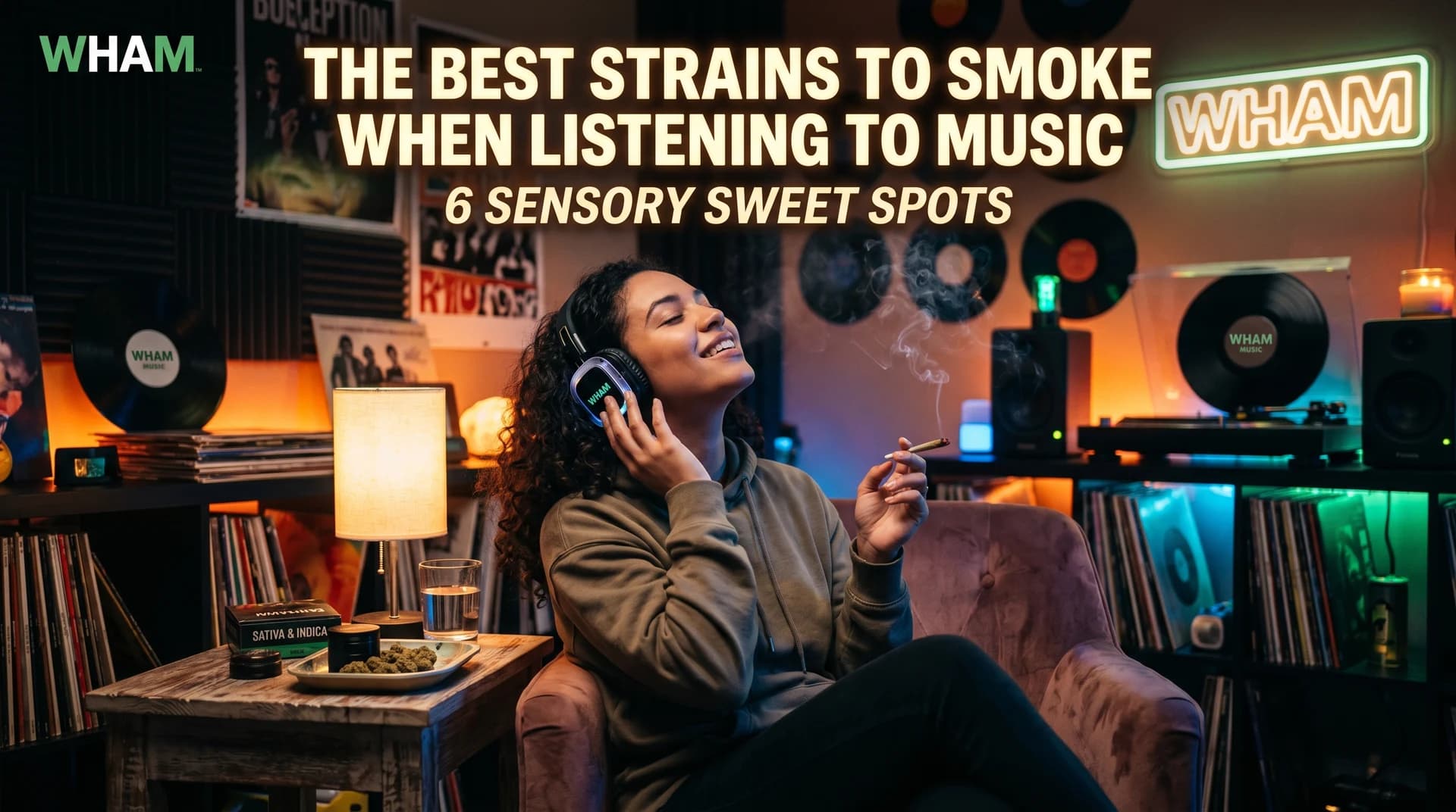Woman in headphones smoking and listening to vinyl — WHAM