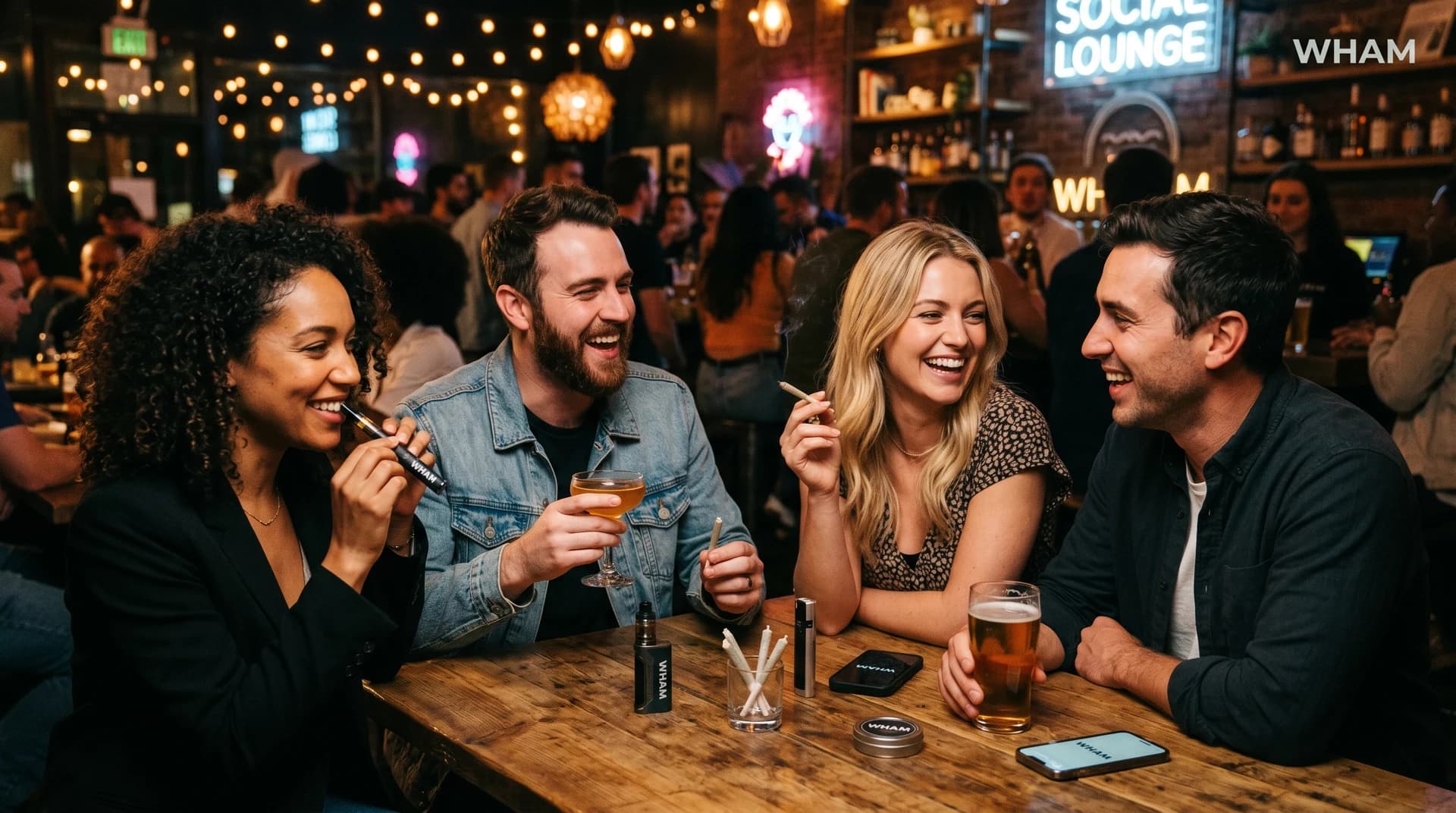 Friends laughing at a social lounge with WHAM vapes and pre-rolls — best THCa strains for a night out