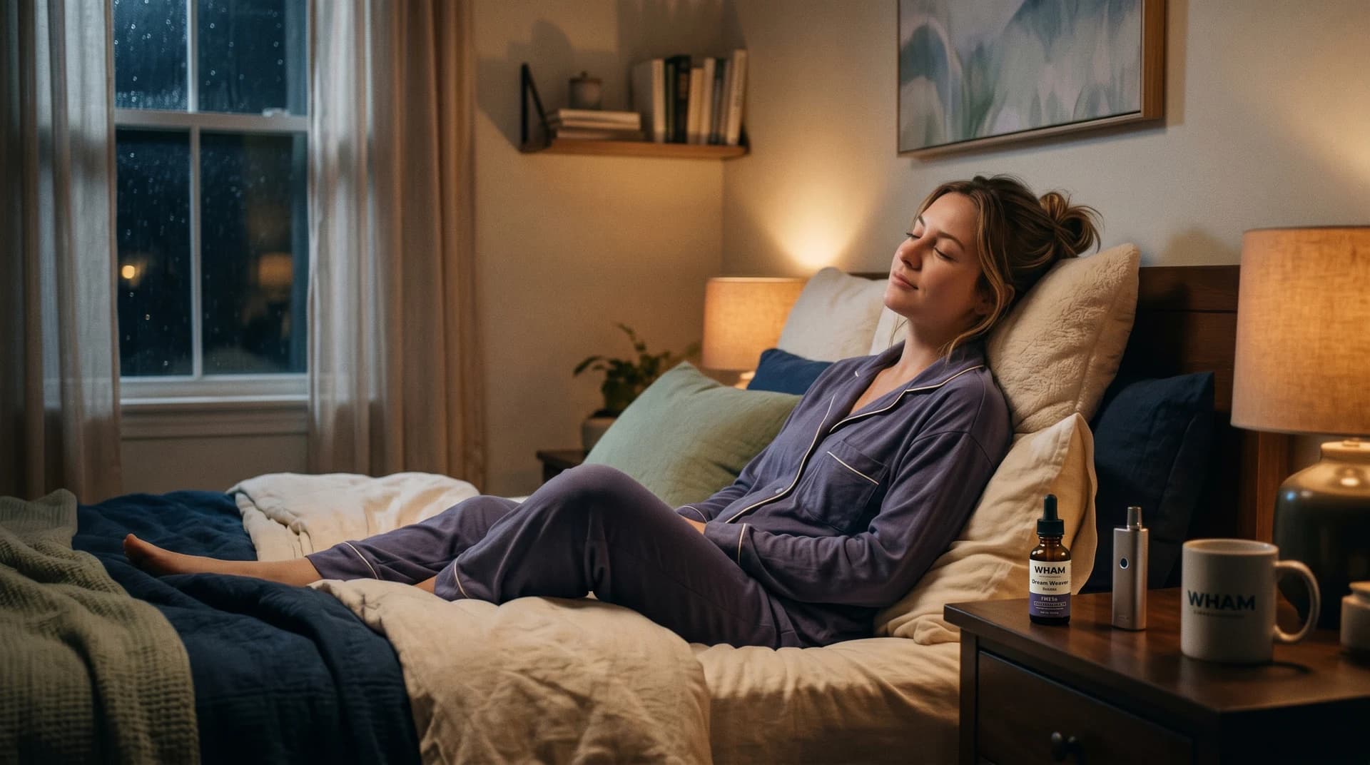 Woman in pajamas relaxing in bed with WHAM Dream Weaver tincture and vape — science-backed THCa indica guide