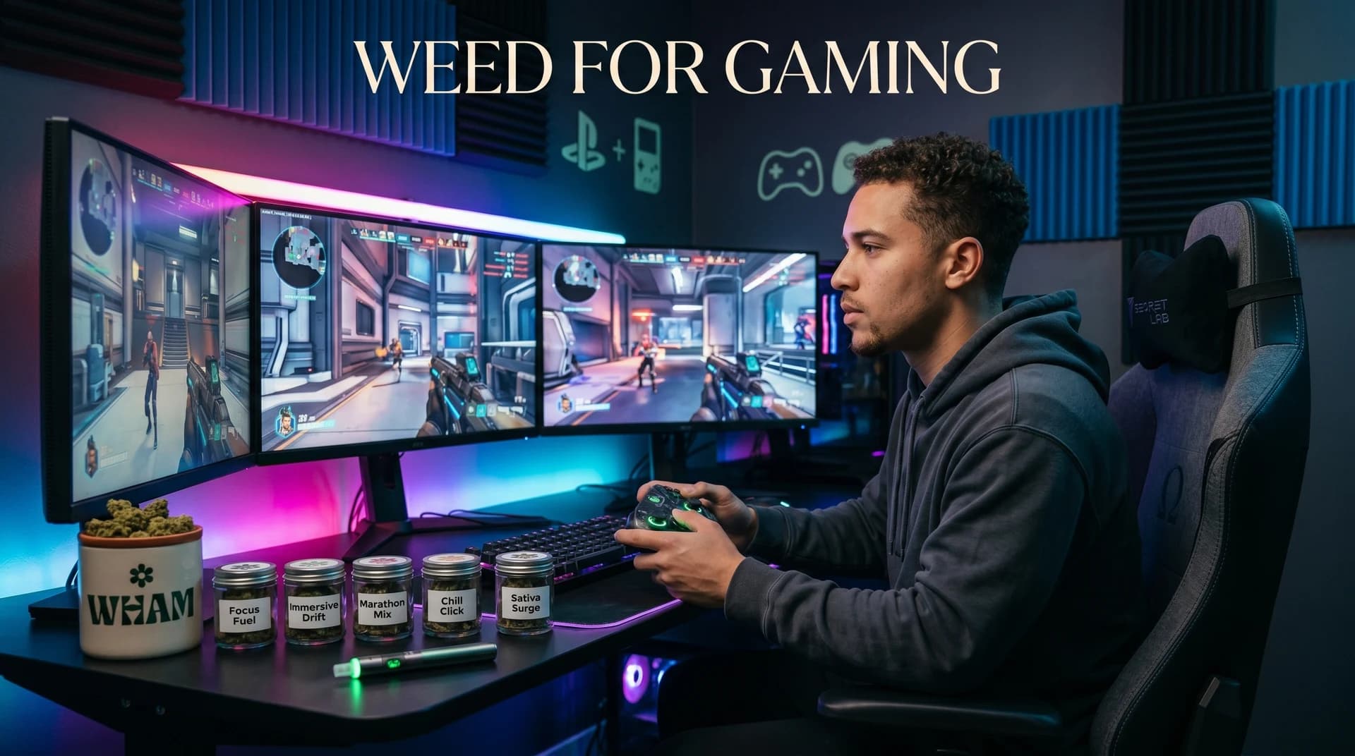 Gamer with controller and WHAM-labeled strain jars — Weed for Gaming