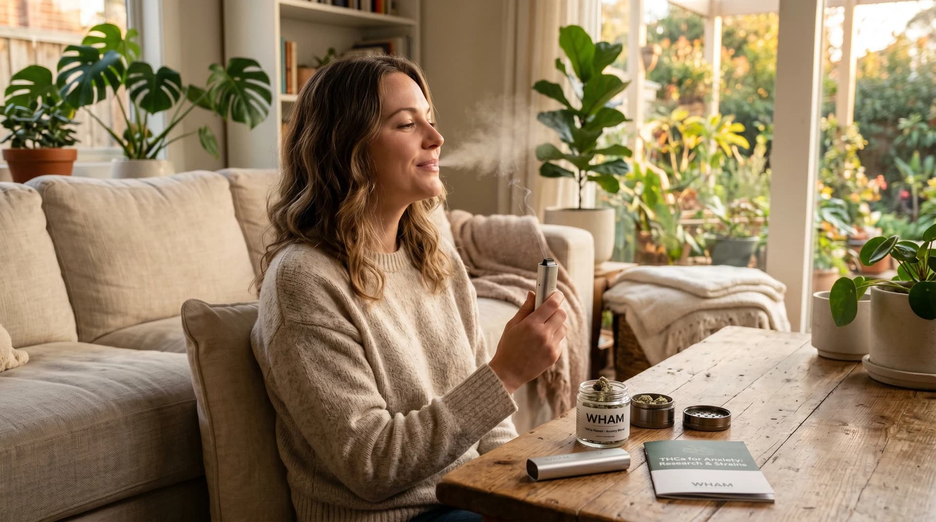 Woman vaping THCa in a calm sunlit living room with WHAM Anxiety Blend jar — research-backed strain guide